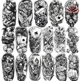 77 Sheets Temporary Tattoos, 17 Sheets Half Arm Lion Clown Flower Skeleton Car Flower Heart Poker for Adults Shoulder Neck, 60 Sheets Tiny Fake Tattoo Sticker for Teen Men Women Body Art