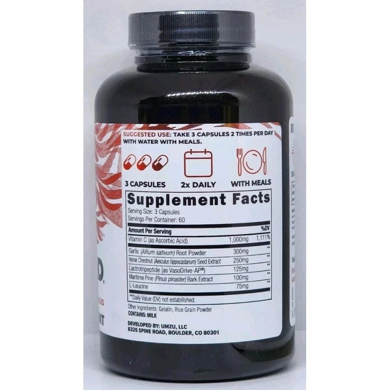 100%pure UMZU REDWOOD Blood Flow Support Dietary Supplement 180 Capsules