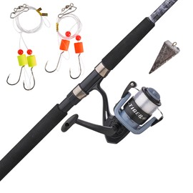 Shakespeare Tiger Surf Spinning Reel and Fishing Rod Combo with Bottom Float Rig, 9' 2-Piece Fishing Rod, Tubular Fiberglass Rod Blank Construction, Comfortable and Durable EVA Handle