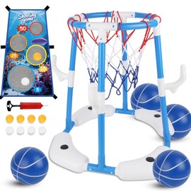 yofit 3-in-1 Pool Basketball Hoop Set, Floating Pool Toys with Rings Balls Toss Games Pump, Outdoor Summer Basketball Game at Swimming Poolside for Kids Ages 4-12 Adults Family Fun