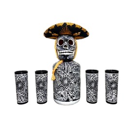 Tequila Decanter Set, Liquor Decanter with Shot Glasses and Mexican Sombrero, Hand-painted Decanter, Skull Decanter, Bar Decoration, Unique Tequila Gift, Gift For Dad, (Black Decanter Set)