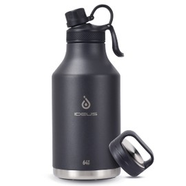 IDEUS Insulated Stainless Steel Water Bottle with 2 Leak-Proof Lids, Thermal Water Flask for Hiking Biking, 64oz, Black