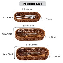 CBAOCBKVH Set of 3 Kitchen Drawer Organizer Silverware Makeup Baskets, Wicker Flatware Organizer for Knives Spoons Fork, Utensil Basket Cutlery Holder for Party Brown Oval