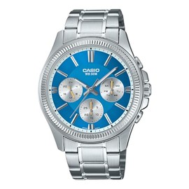 Casio MTP1375D-2A2 Analog Silver Strap Unisex Adult Watch, Blue Dial, 48.5 × 42 × 9.7 mm