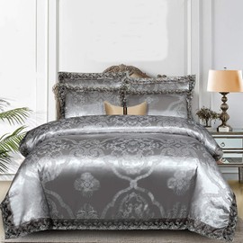 Beyeutao Jacquard Duvet Cover King Size Duvet Cover Gray Elegant Bedding Set Lace Satin Duvet Set 3 Piece Duvet Cover Pillowcases.(Gray, King)