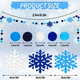 AnyDesign 8.2Ft Winter Snowflake Felt Ball Garland Cute Dark Blue Sky Blue White Pom Ball Banner Christmas Hanging Bunting Garland for Xmas Holiday Home Mantel Wall Decor Party Supplies