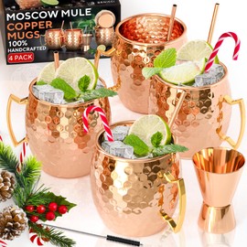 Benicci Moscow Mule Copper Mugs - Set of 4-100% HANDCRAFTED - Food Safe Pure Solid Copper Mugs - 16 oz Christmas Gift Set with Premium Quality Cocktail Straws and Jigger!