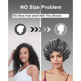 Large Shower Cap for Women, Reusable Waterproof Bath Shower Caps Double Layer Bathing Shower Hat Elastic Band Satin Bonnets Bath Hair Caps for Women (Black, One Size)
