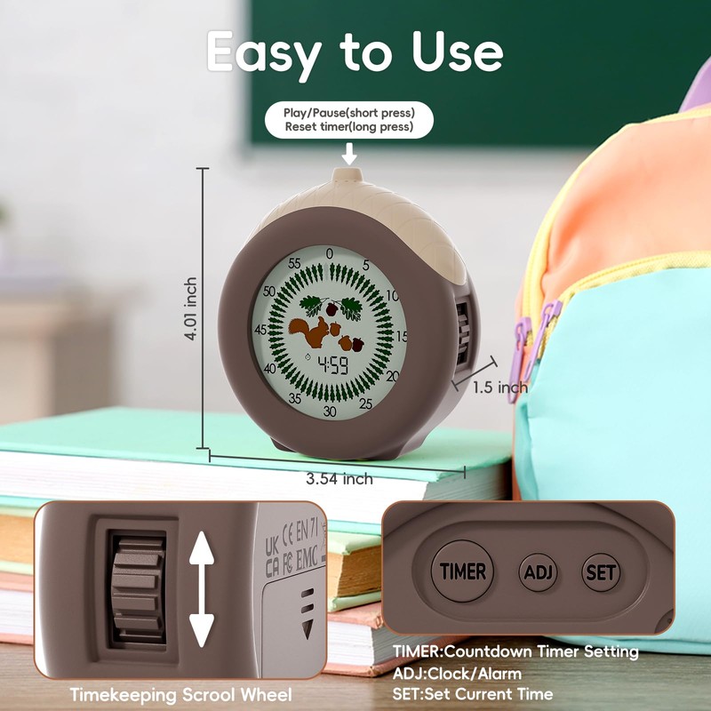 Moxilos Visual Timer for Kids, 299 Minute Cute Squirrel Timer,