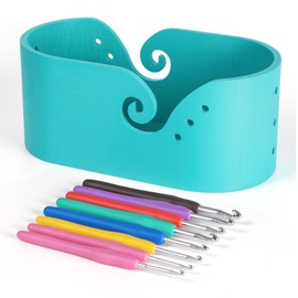 Ouvibor Bamboo Yarn Bowl, Oval Crochet Yarn Holder with 9pcs Knitting Hooks, Yarn Storage Crochet Bowl for Crocheters, Large Yarn Bowl for Crocheting Knitting Lovers Beginners 11.3 x 5.9 x 4.7”,Blue