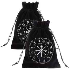 CREATCABIN 2Pcs Black Tarot Storage Bag Thick Velvet Packing Pouches 12 Constellation Symbol Drawstring Bag Protective Card Board Game Embroidery for Tarot Dice Card Jewelry Crystal Pouch