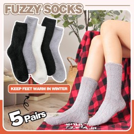 MOGGEI Fuzzy Socks for Women Men Winter Fluffy Warm Thick Cozy Comfy Sleep Super Soft Fluffy Fleece Cabin House Plush Gift Socks Stocking Stuffers 5 Pairs(Black Grey White,L)