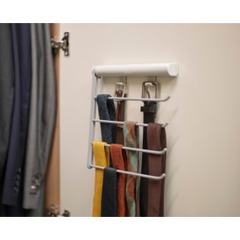 Joseph Joseph Orderly Belt, Tie & Scarf Hanging Rail, Closet Wardrobe Accessory Organizer, 4 Rails Rack Storage, 2 Belt Hooks