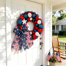 HipTree 13 Inch Patriotic Ball Wreath for Front Door with Lights,Labor Day