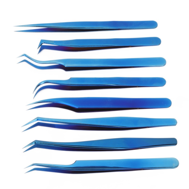 8pcs Eyelash Tweezers Stainless Steel Fine Tip Ergonomic Blue Titanium