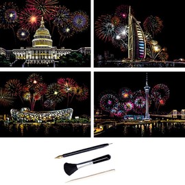 ShipeeKin 4X Scratch Pictures, 290 x 210 mm, Landmarks Wall Art, Coated Colourful Scratch Paper with Tool Set
