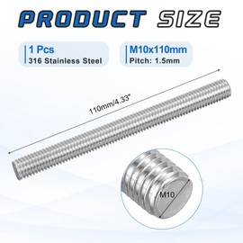 sourcing map M10x110mm Fully Threaded Rod, 316 Stainless Steel Right Hand All Thread Screw Studs for Furniture Assembly Fastening, 1.5mm Pitch