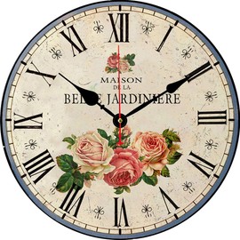BERYART 14 Inch Silent Non-Ticking Wall Clock Roman Numerals Retro Flowers Clocks Wooden Round Clocks Battery Operated Indoor Decorative Wall Clocks Rustic Style Home Decor Wall Clock