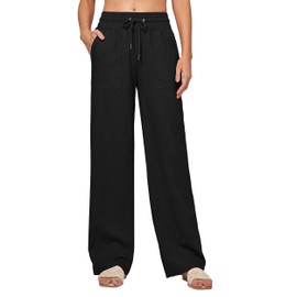 AVICHIC Women Linen Pants Wide Leg Palazzo Pants Cotton Linen Drawstring Summer Pants with Pockets Black M 29"