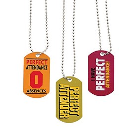 Perfect Attendance Metal Dog Tag Necklaces - 12 Pieces - Student Rewards and Classroom Supplies