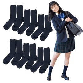 PUICK 6 Pair Set, 9.1 - 9.8 inches (23 - 25 cm), Ribbed, Women's Crew Length Socks, Middle Length, For Students, Solid Color, Cotton Blend, For Entrance to School or School, navy blue