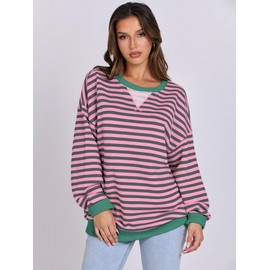 ANRABESS Women Striped Sweatshirts Oversized Crewneck Long Sleeve Shirts Y2K Pullover Top 2025 Fall Outfits Fashion Clothes Grey Pink Medium