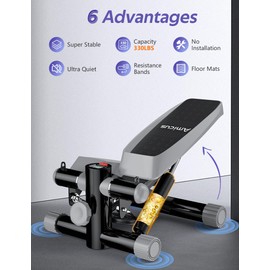 Amicus Mini Stepper for Exercise, Stair Stepper with Resistance Bands, Hydraulic Fitness Stepper Exerciser Machine for Home, 330lbs Weight Capacity, Gray