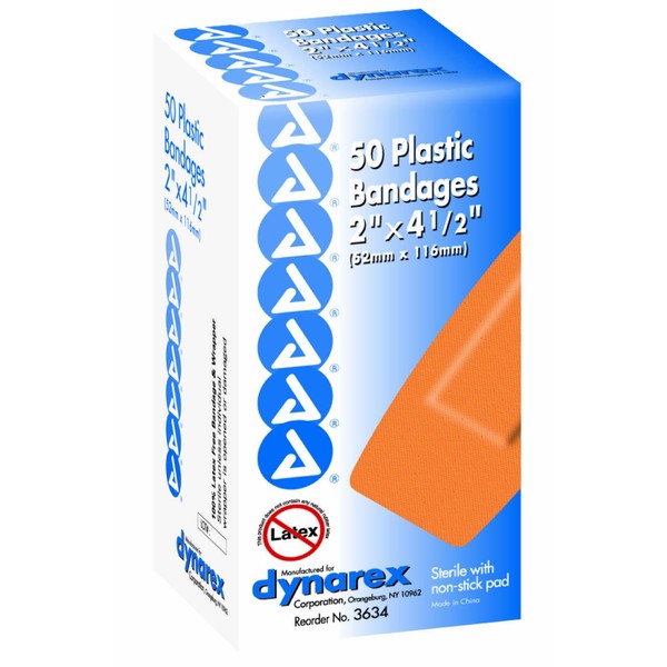 Dynarex Adhesive Plastic Bandage, Extra Large, 2 Inches x 4.5 Inches, Sterile, 50 Count (Pack of 2)