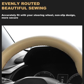 XUKEY Beige Leather DIY Car Steering Wheel Cover Breathable Non-slip  w/ Needle Thread