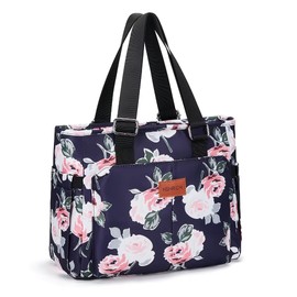 HSHRICH Large Peony Women's Lunch Bag, Insulated Aluminum Lunch Box with Side Pockets, Adjustable Carrying Options, Reusable and Easy to Clean