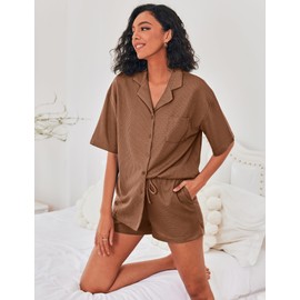 Ekouaer Waffle Knit Pajamas Short Sleeve Lounge Sets for Women Button Down Pjs 2 Piece Loungewear Shorts Set Brown