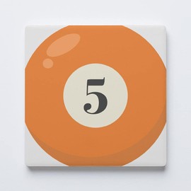 Absorbent Ceramic Drink Coaster with Cork Back, Artist Designed, 4”x4” Individual Square Coaster, Protects Tabletop, Great Housewarming Gift (Pool Billiard Ball 5)