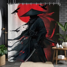 Black Red Samurai Shower Curtain 60Wx71L, Japanese Man Shower Curtains for Bathroom, Cool Asian Shower Curtain Set 12 Pack Hooks