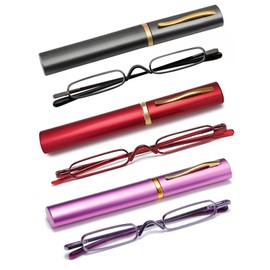 OWTXIS 3 Pack Mini Slim Pen Reading Glasses - Compact Readers with Pen Clip Case Spring Hinge Metal Frame Eyeglasses (Gunmetal, Red, Purple, +2.50)