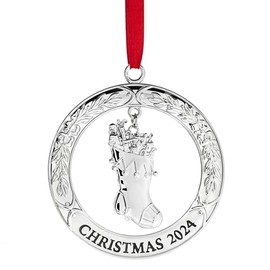 Klikel Christmas Ornament 2024 - Shiny Silver Christmas Ornament 2024 Wreath with Stocking - Dated 2024 Christmas Ornament - 2024 Ornament for Christmas Tree - Stocking Ornament for Holidays 2024