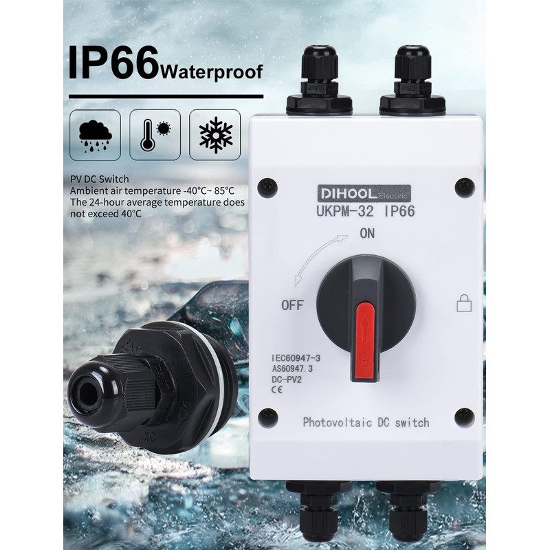DIHOOL Solar Disconnect Switch,32 Amp DC1200V 4P Isolator,IP66 Outdoor,Cable Glands