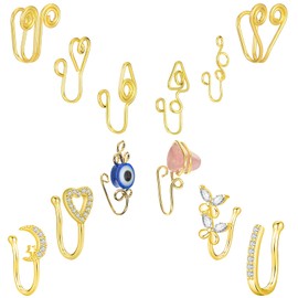 VitaCool 12 Pcs African Nose Cuff Non Piercing, Gold Fake Nose Ring for Women, Clip On Nose Ring, Evil Eye, Crystal Nose Cuffs, Ear Cuff, Faux Nose Rings for Women (Gold)