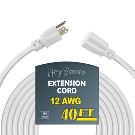 HeyYance 40 Ft Heavy Duty Outdoor Extension Cord Waterproof - 12/3 SJTW 15A 1875W White Extension Cable with 3 Prong Grounded Plug, Waterproof Electric Cable for Lawn, Garden, Appliances, UL Listed