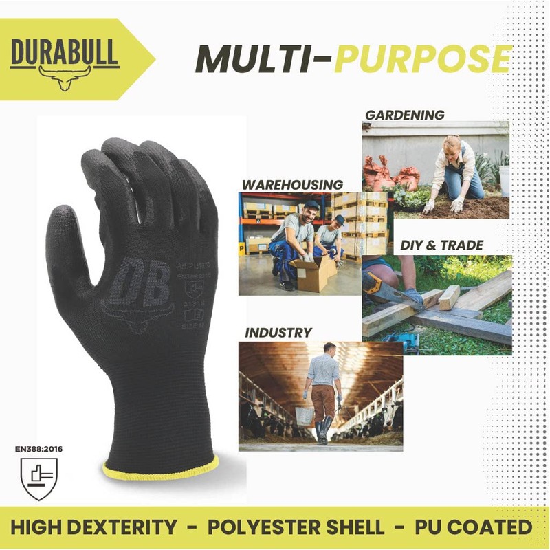 Durabull Protective Work Gloves. 12 Pack Of PU Coated CE