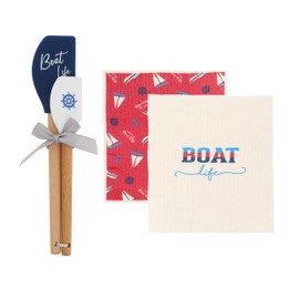Pavilion Gift Company - Boat Life - Set Of 2 7.75" Swedish Dish Towels and Two 12" & 9.75" Spatulas Kitchen Beachfront Coastal Seaside Oceanfront Sand Beach Lake Boating Lover Housewarming Gift