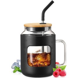 【WINSA】 50OZ Glass Tumbler with Bamboo Lid and Straw, Glass Water Bottles with Time Marker, Iced Coffee Cup with Handle, Glass Cups with Silicone Protective Sleeve BPA Free:_Pink_50OZ