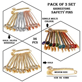 VAMA FASHIONS Multicolor Rhinestone Safety pin Brooch for Clothes Sweater Shirt Pants Dresses Scarf Skirt Saree Dupatta Hat Hijab Clips Jeans Pins Set of 36 Pcs