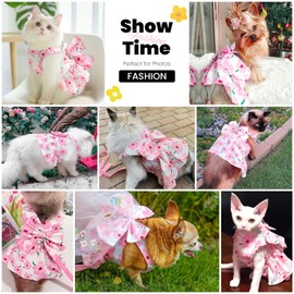 ABRRLO Cute Dog Dress Small Dog Clothes For Girls Female Puppy Outfits Pink Floral Pet Summer Clothes Bowknot Doggy Cat Princess Dress Harness Set for Holiday Birthday Party Costume Clothing (Pink,XS)