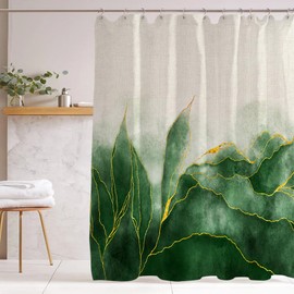 Linen Marble Shower Curtain Ombre Green Gold Modern Bathroom Art Decor Emerald Green Golden Fabric Waterproof Heavy Duty 230GSM Textured Cotton Linen 72 x 72 Inches