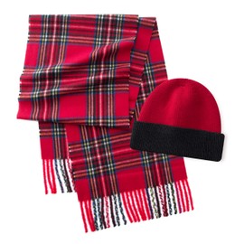 CALVIN & OLIVIA Mens Winter Warm Cuffed Beanie Hats Long Soft Scarf Plaid Tassel Scarf for Men Classic Scarves Gift Set Christmas Red Tartan Plaid