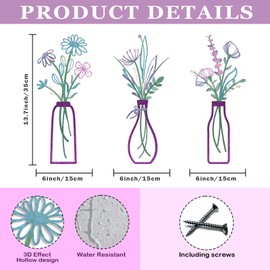 Pigort 3 Pieces Metal Flowers Wall Arts - Rustic Farmhouse Decor Purple Minimalist Flower Wall Decors for Living room Bathroom Bedroom Dining Room-Housewarming Gifts(Purple, Vase-C)