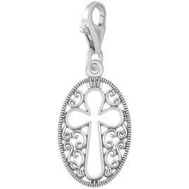 Sterling Silver Filigree Cross Charm with Lobster Claw Clasp, Charms for Bracelets and Necklaces