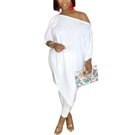 WOKANSE Women's 2 Piece Outfits Off Shoulder Loose Irregular Hem Top + High Waist Lounge Pant Suits Casual Cute Sets White XL