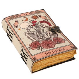 Natural Hub Handicrafts Book of Spells Leather Journal Deckle Edge Paper Grimoire Printed Journal The Lovers Tarot Notebook Spiral Gothic Notebook Skull lover Antique Vintage Leather Journals for Men and Women