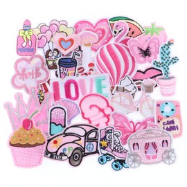 30pcs Pink Random Assorted Styles Iron On Patches, Embroidered Preppy Girl Patches, Cute Sew On Patch Applique for Jackets, Hats, Backpacks, Clothing Accessories, YWLI